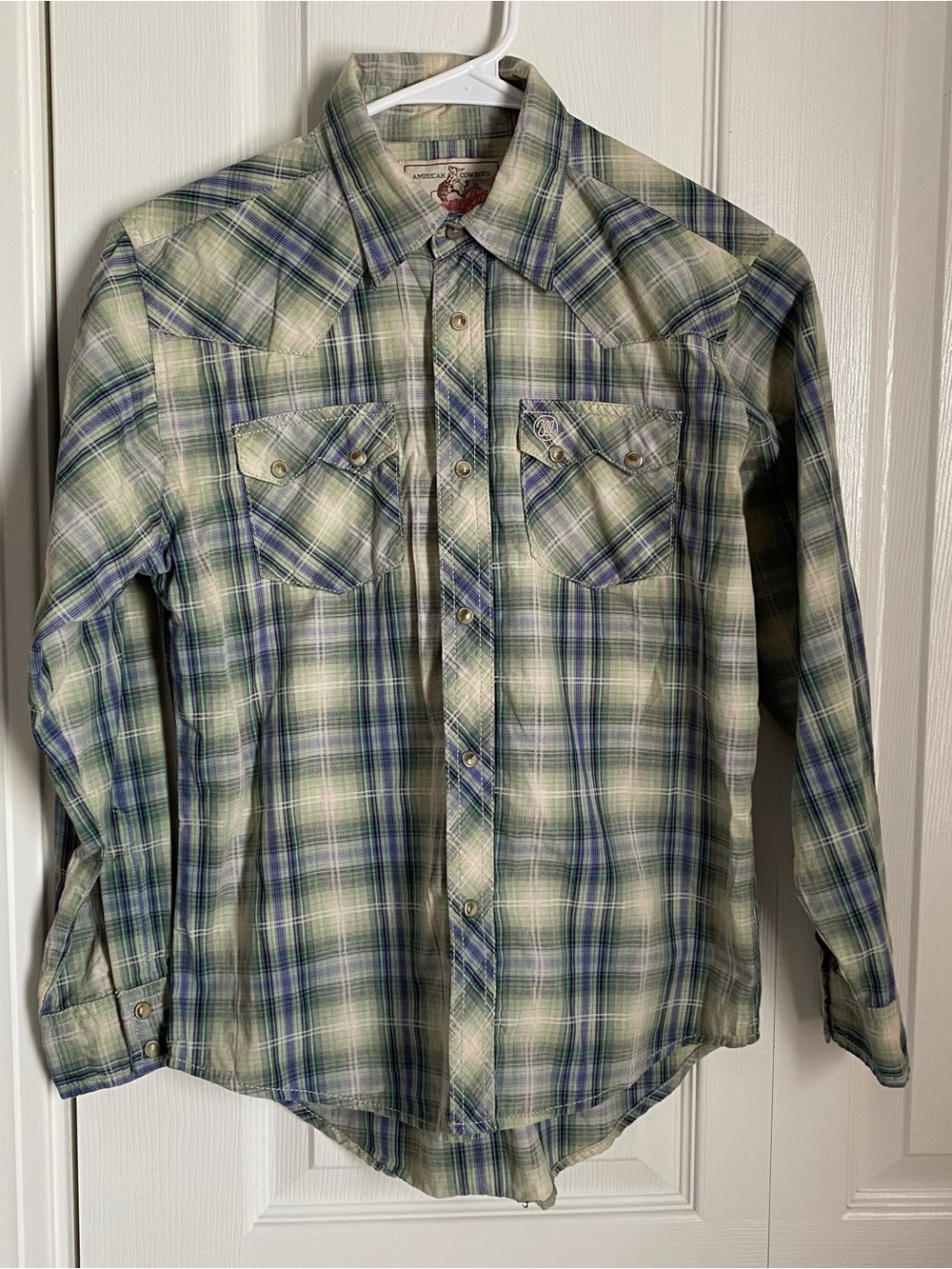 Vintage Wrangler Cotton Plaid Green Pearl Snap Lightweight Boys L 10-12 Western